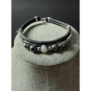Hand Crafted Wire Wrap Leather Bracelet Black Hematite Semi Precious Stone Boho